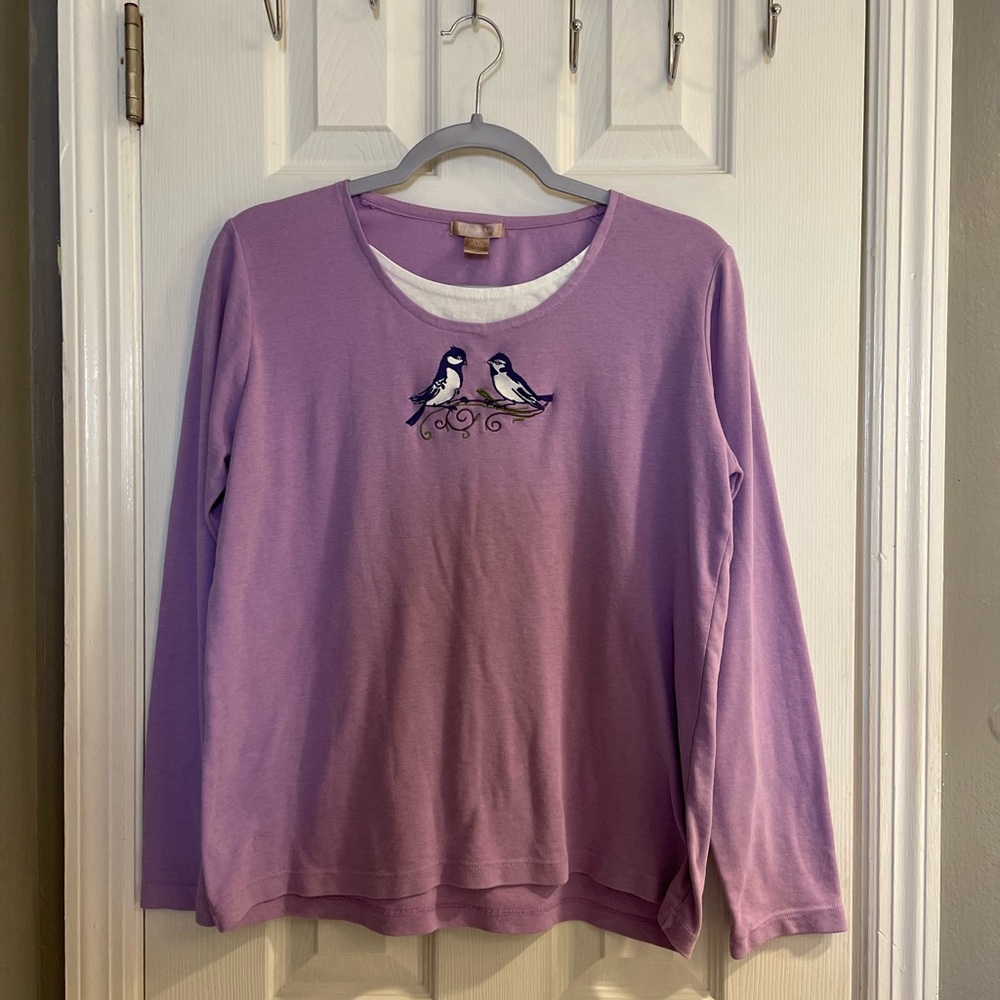 Vintage White Stag Embroidered Bluebirds On Branch Lilac Long sleeve Shirt Sz L
